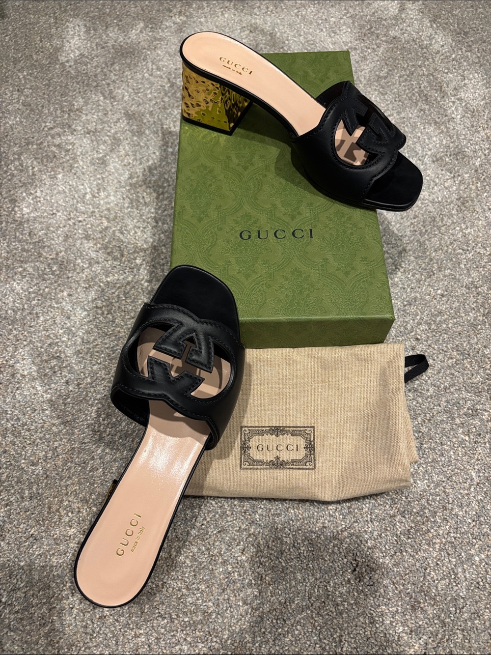 Gucci Black Leather GG Cutout Mule with Gold Mirror Block Heel